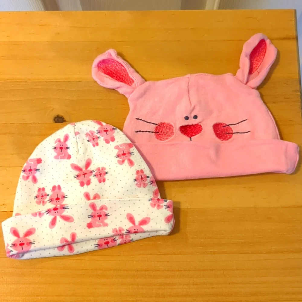 Baby girl hats size 0-6 months in pink bunny pattern Gerber 100% cotton